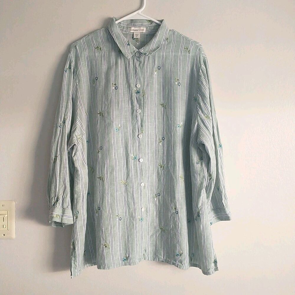 Coldwater Creek Shirt Tunic Womens XL Green Striped Floral Embroidered 3/4Sleeve